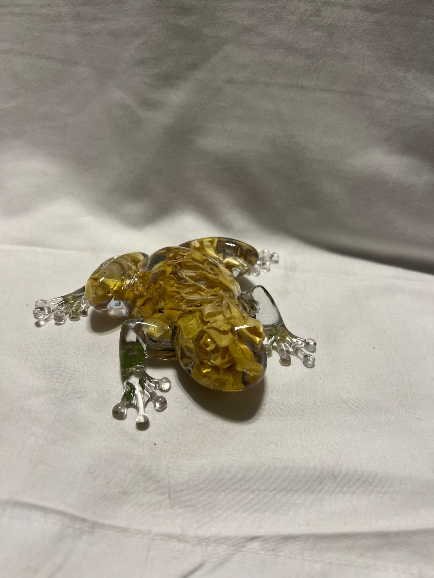 Yellow Stock Resin Frog – Botanical Sculpture with Real Flowers – Handmade Art
