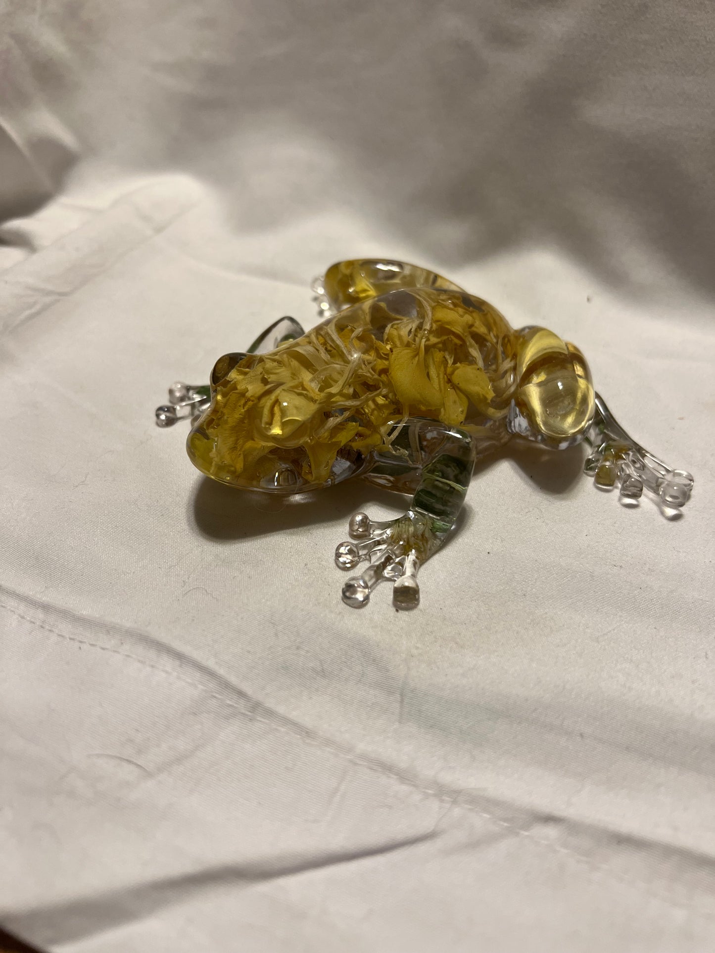 Yellow Stock Resin Frog – Botanical Sculpture with Real Flowers – Handmade Art