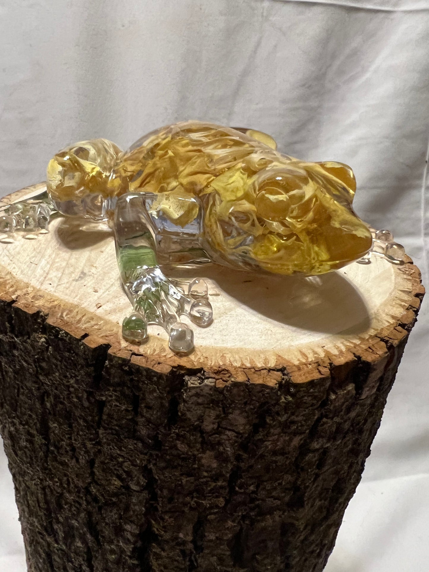Yellow Stock Resin Frog – Botanical Sculpture with Real Flowers – Handmade Art