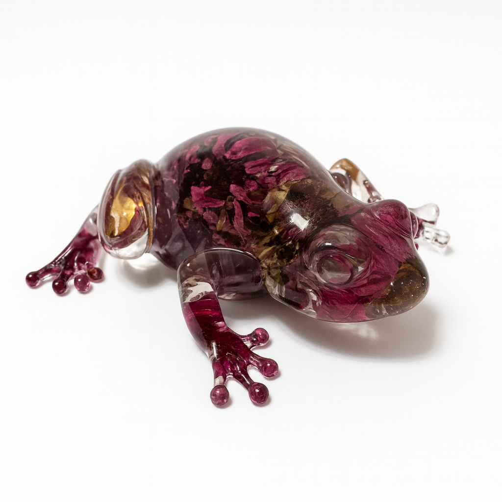 Zinnia Resin Frog – Bold Botanical Frog Sculpture – One of a Kind Floral Art