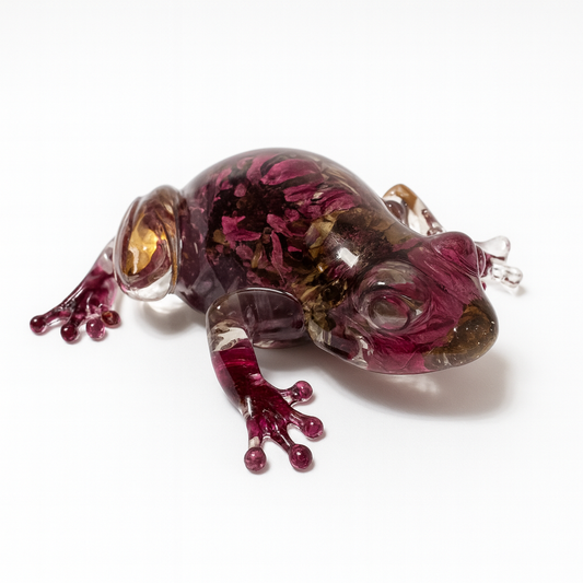 Zinnia Resin Frog – Bold Botanical Frog Sculpture – One of a Kind Floral Art