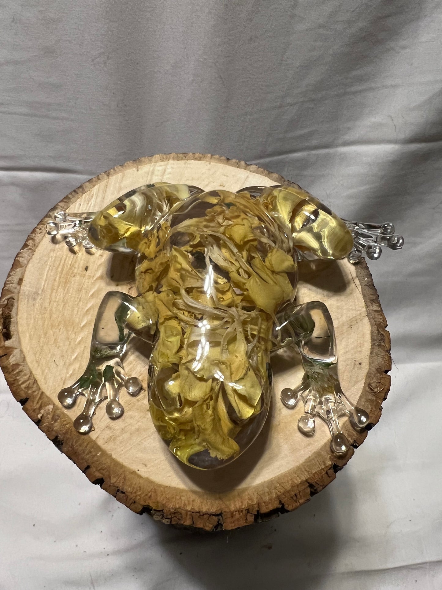Yellow Stock Resin Frog – Botanical Sculpture with Real Flowers – Handmade Art