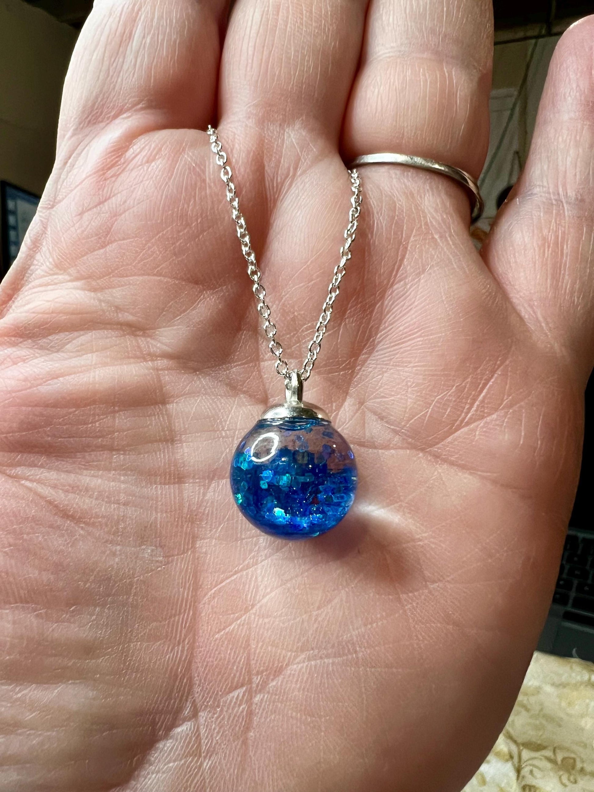 Glittery Blue Bauble Necklace | Personal Snow Globe Necklace