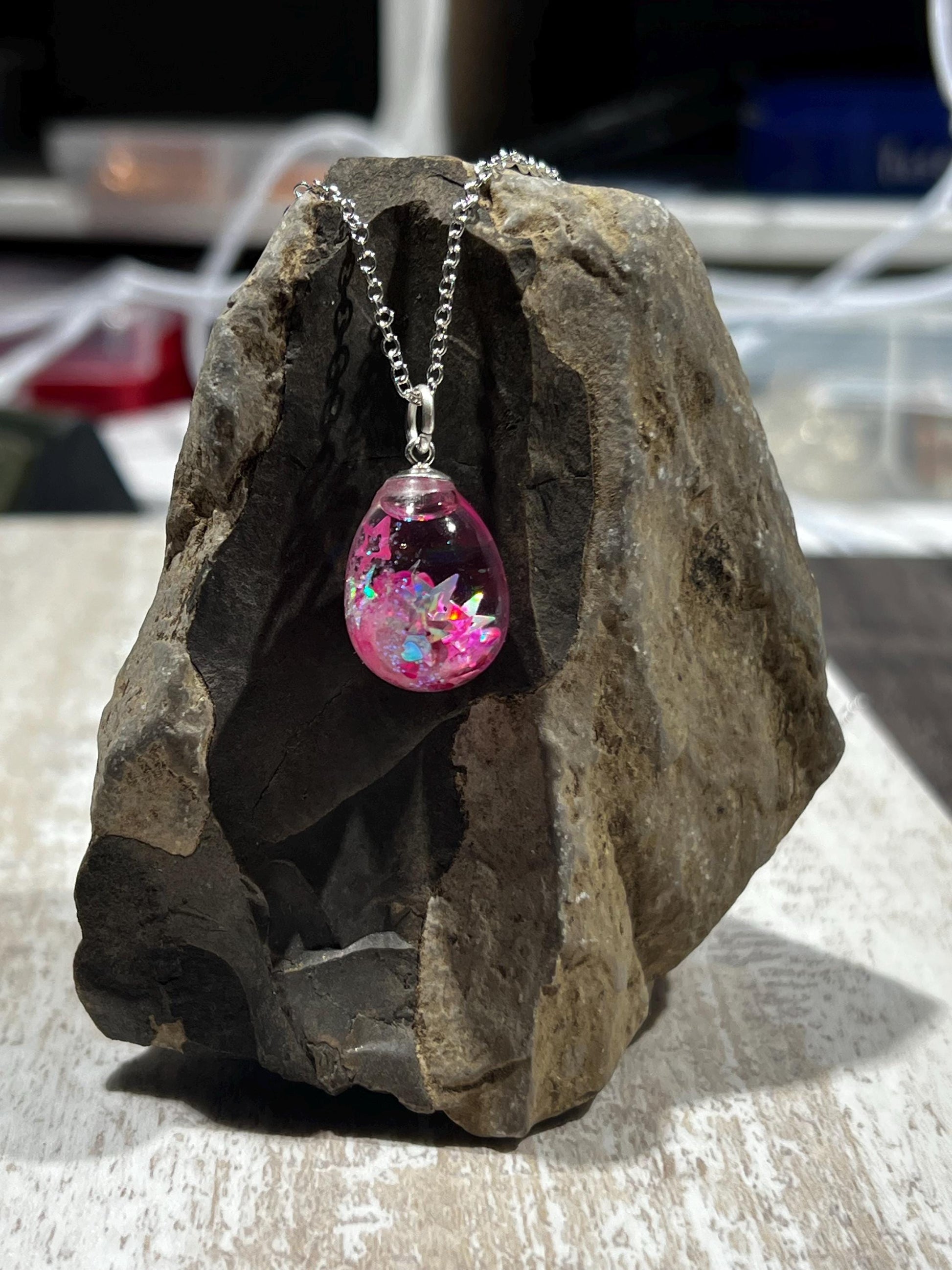 Teardrop Bauble Pink Dream Necklace | Personal Snow Globe Necklace