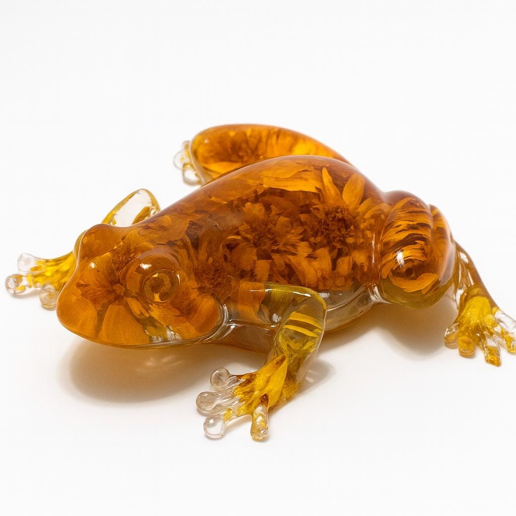 Marigold Resin Frog – Handmade Botanical Frog Sculpture – One of a Kind Nature Art - Resin Frog Decor - Marigold Petals