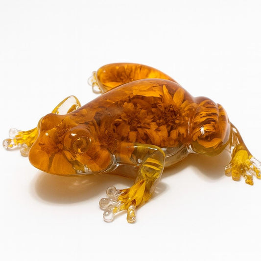 Marigold Resin Frog – Handmade Botanical Frog Sculpture – One of a Kind Nature Art - Resin Frog Decor - Marigold Petals