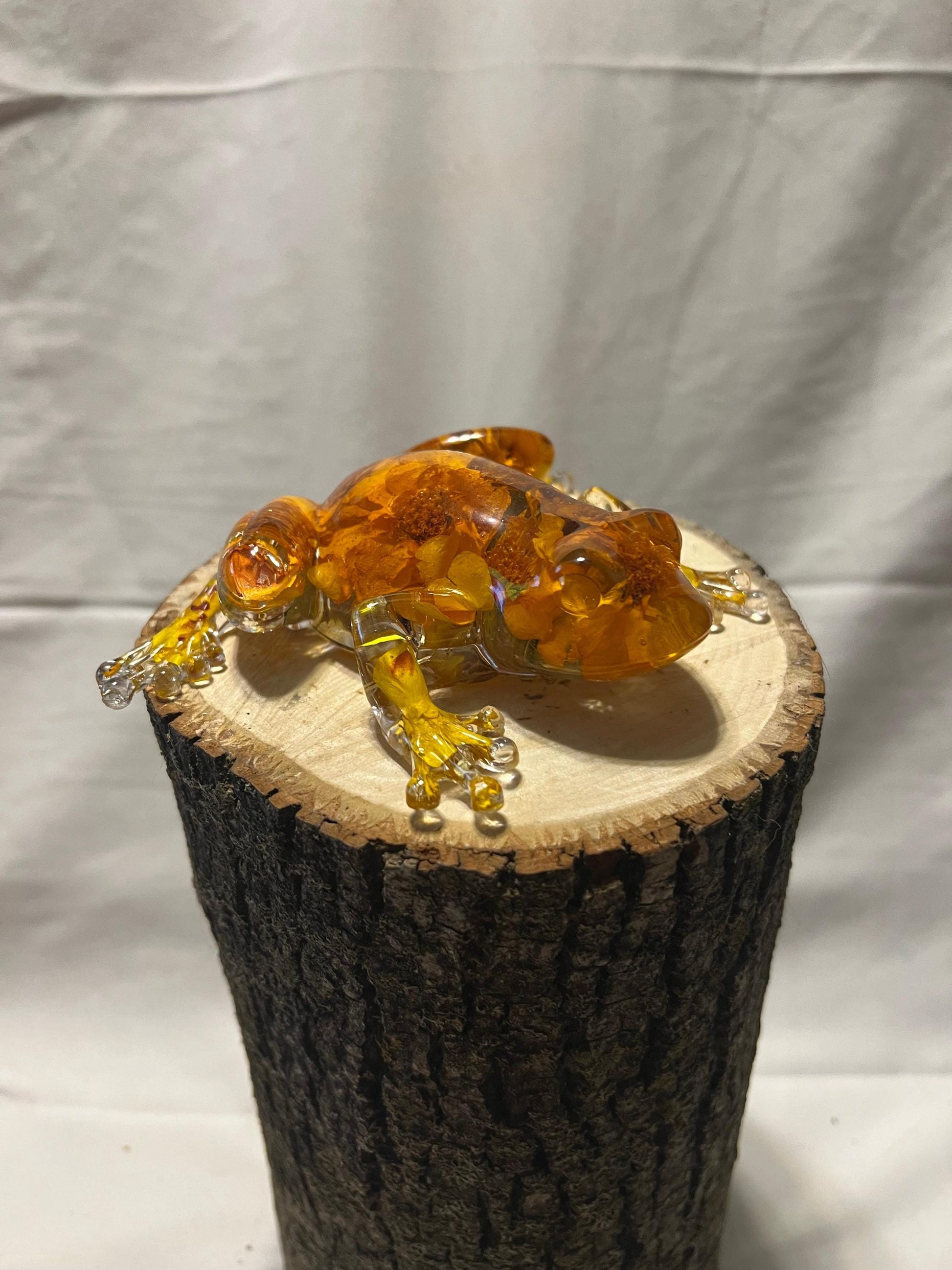 Marigold Resin Frog – Handmade Botanical Frog Sculpture – One of a Kind Nature Art - Resin Frog Decor - Marigold Petals
