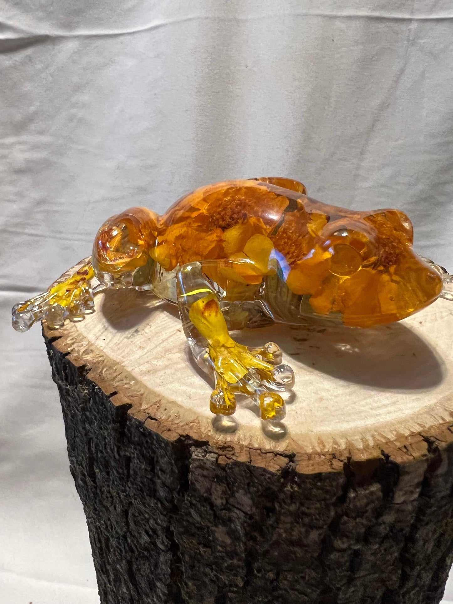 Marigold Resin Frog – Handmade Botanical Frog Sculpture – One of a Kind Nature Art - Resin Frog Decor - Marigold Petals
