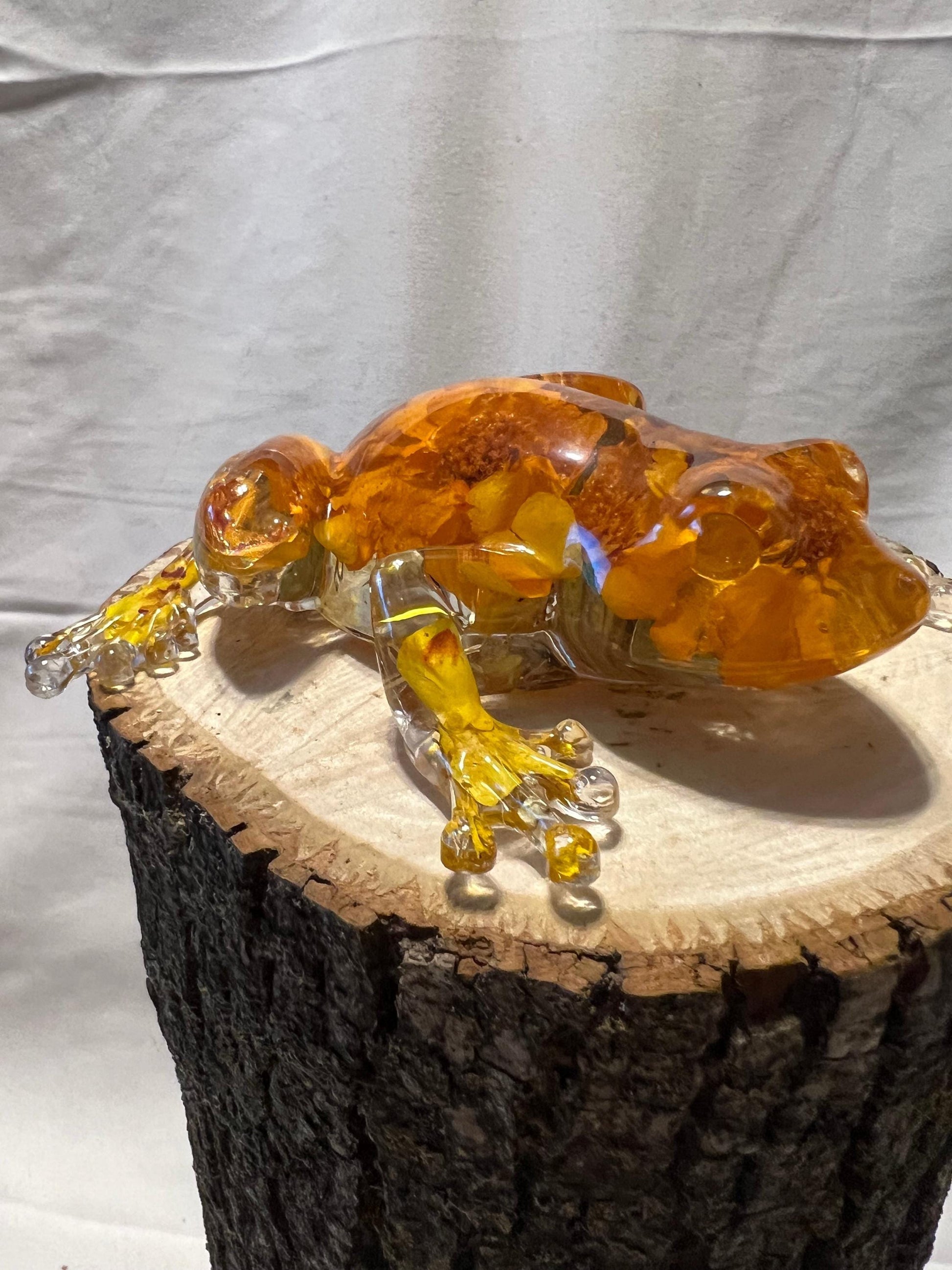 Marigold Resin Frog – Handmade Botanical Frog Sculpture – One of a Kind Nature Art - Resin Frog Decor - Marigold Petals