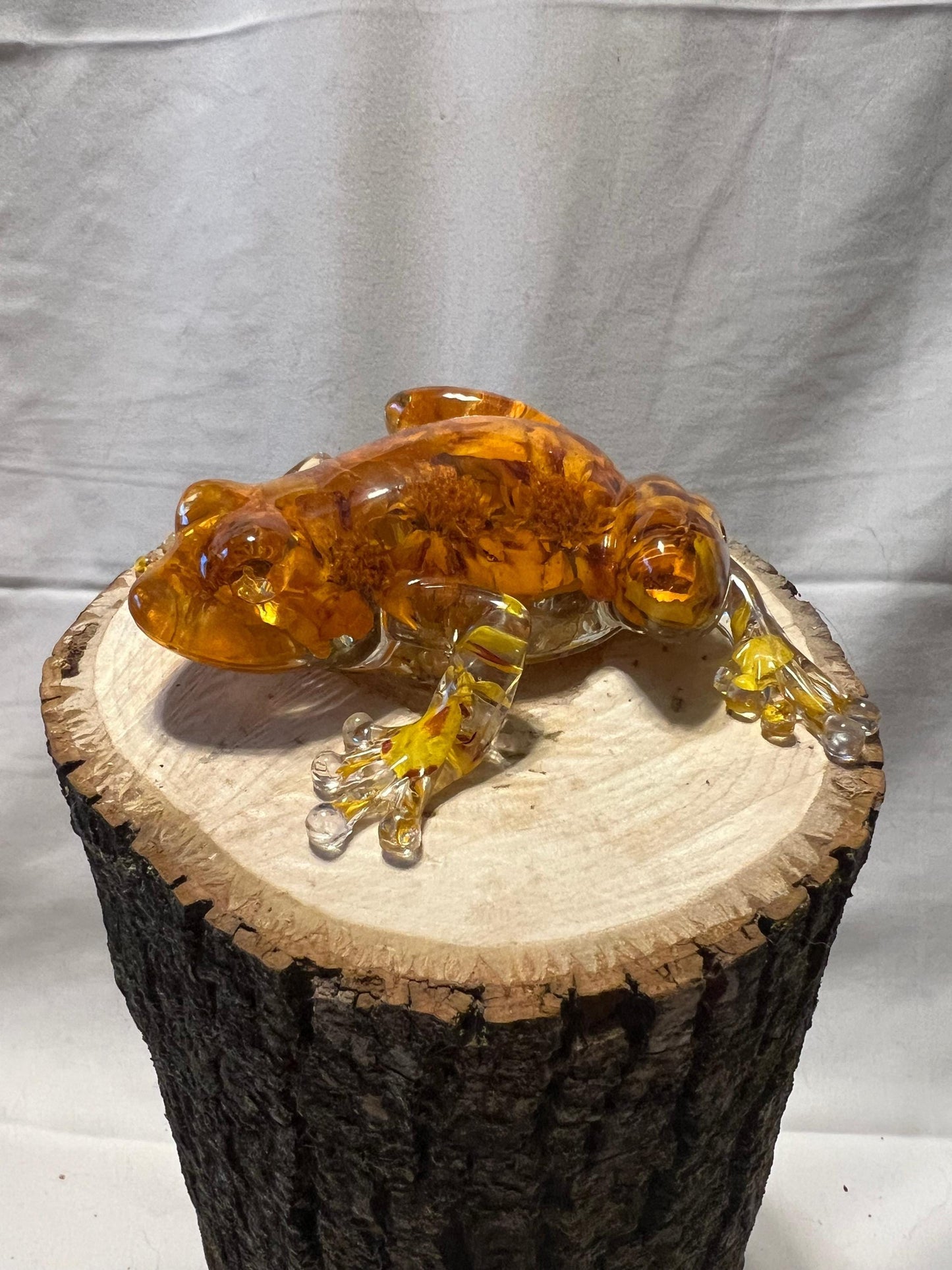 Marigold Resin Frog – Handmade Botanical Frog Sculpture – One of a Kind Nature Art - Resin Frog Decor - Marigold Petals