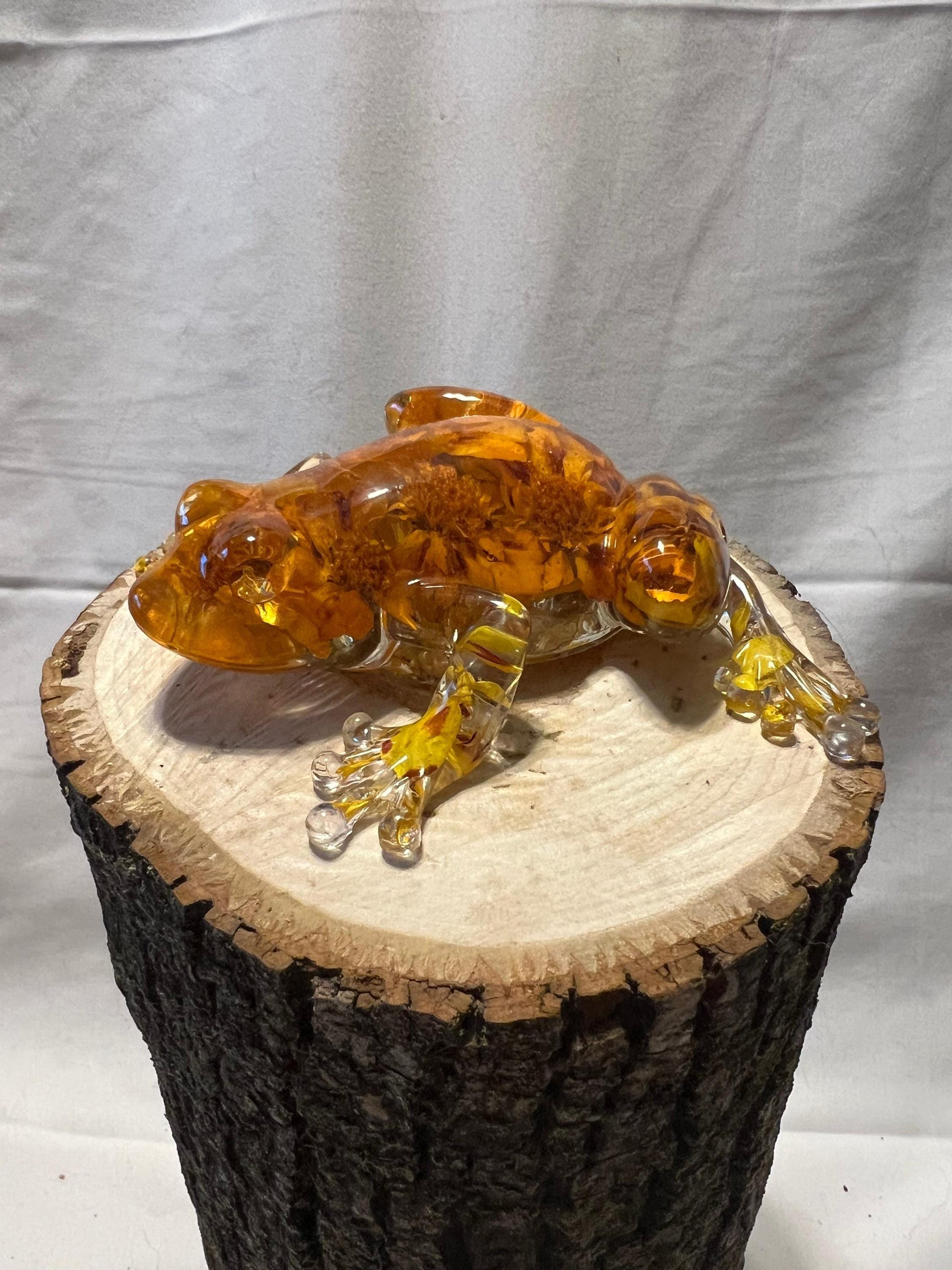 Marigold Resin Frog – Handmade Botanical Frog Sculpture – One of a Kind Nature Art - Resin Frog Decor - Marigold Petals