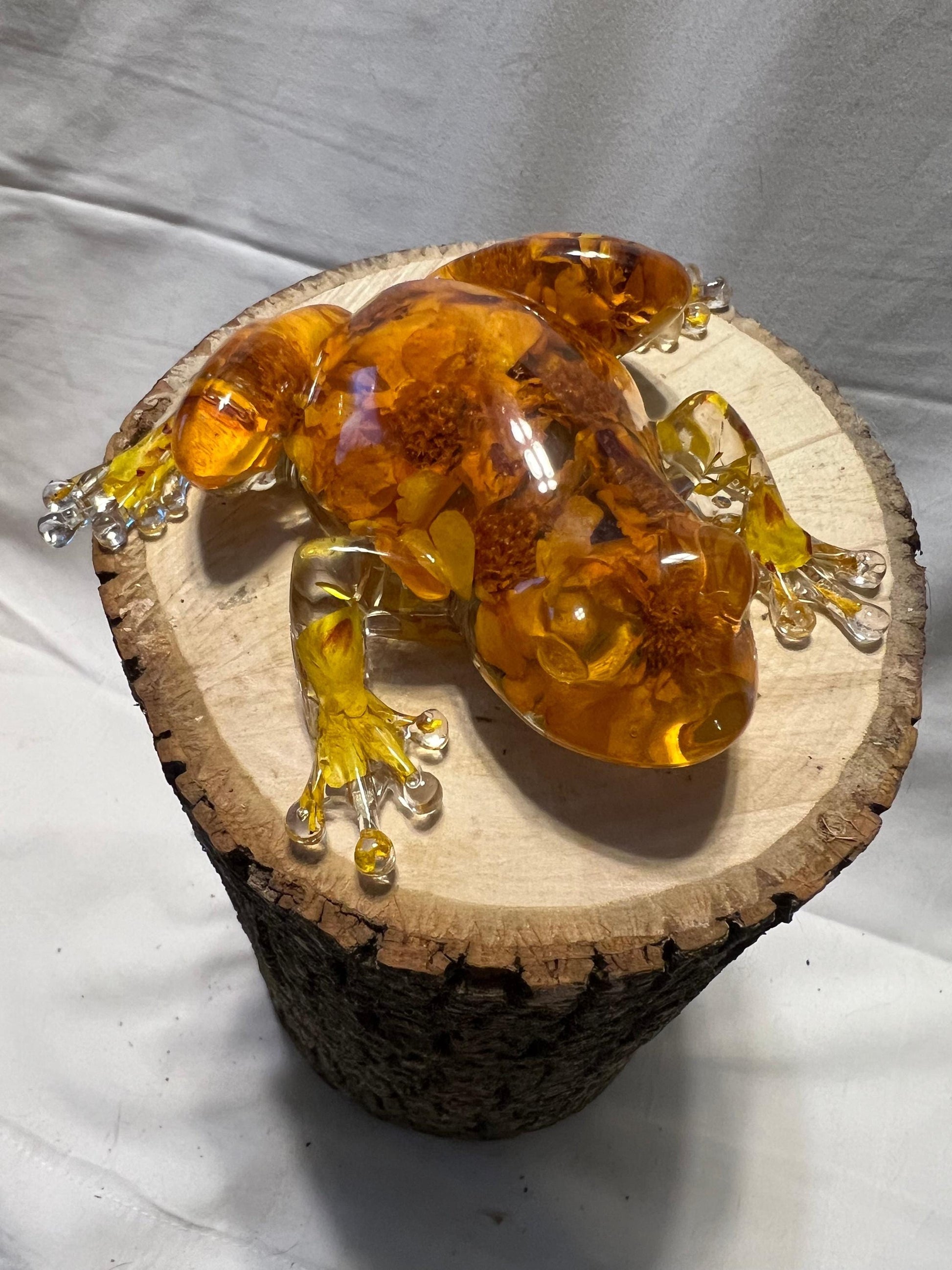 Marigold Resin Frog – Handmade Botanical Frog Sculpture – One of a Kind Nature Art - Resin Frog Decor - Marigold Petals